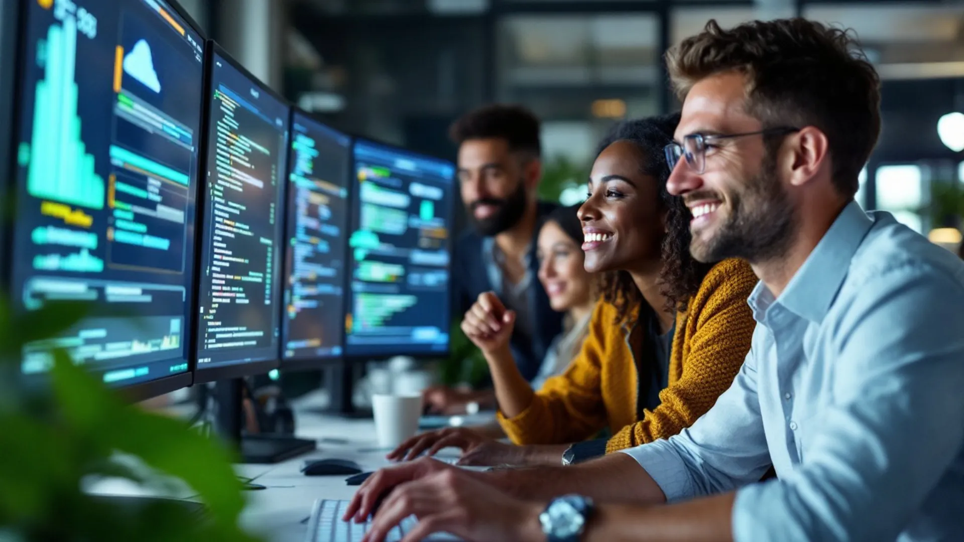 Diverse IT team smiling while monitoring cloud solutions on multiple screens, showcasing successful data recovery and protection systems in action