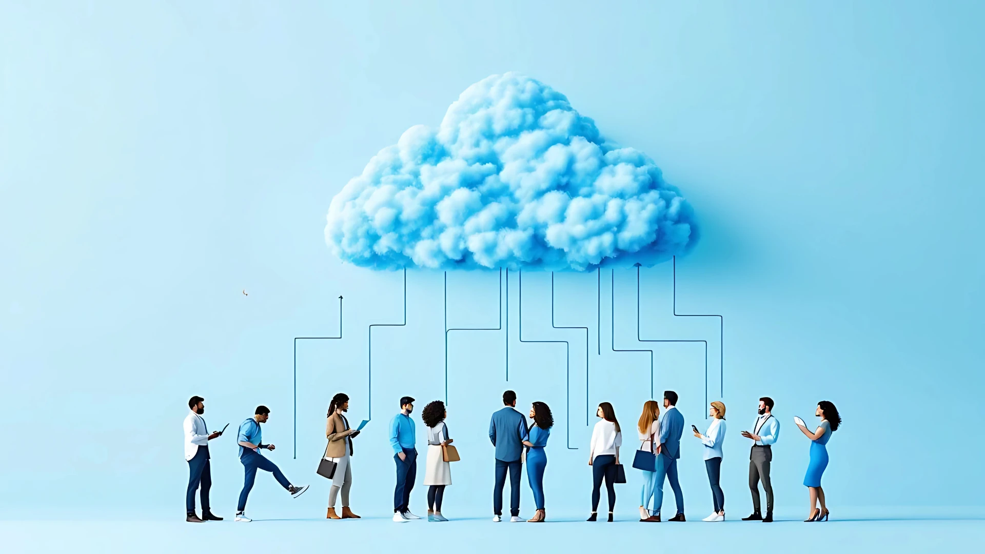 Group of people standing under a large blue cloud with connecting lines, symbolizing a cloud base property management system
