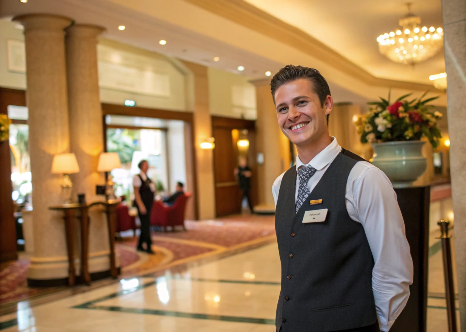 Hotel concierge providing friendly service in a Melbourne, Australia hotel lobby
