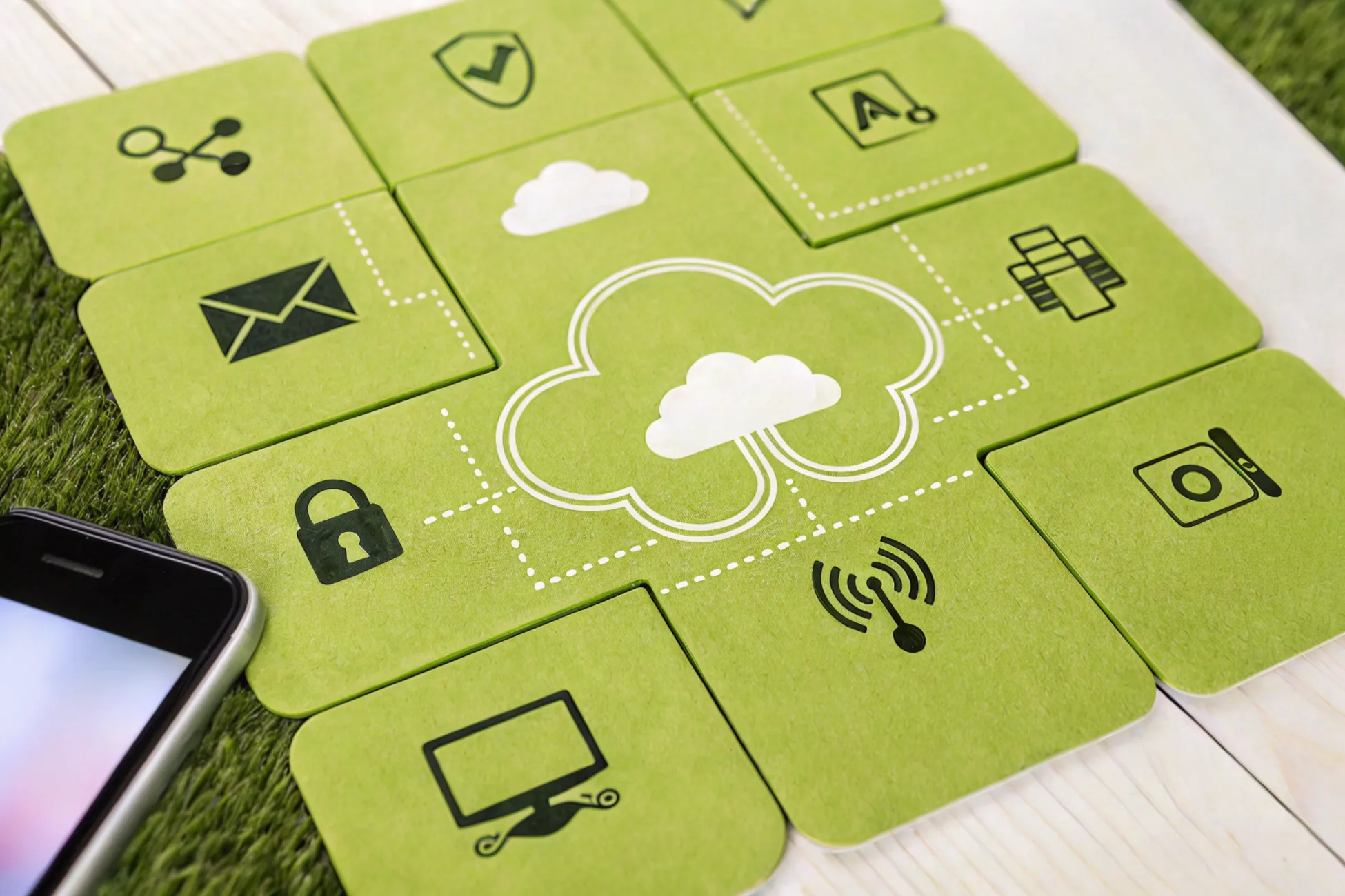 Icons representing features of cloud phone systems, with a cloud graphic in the center