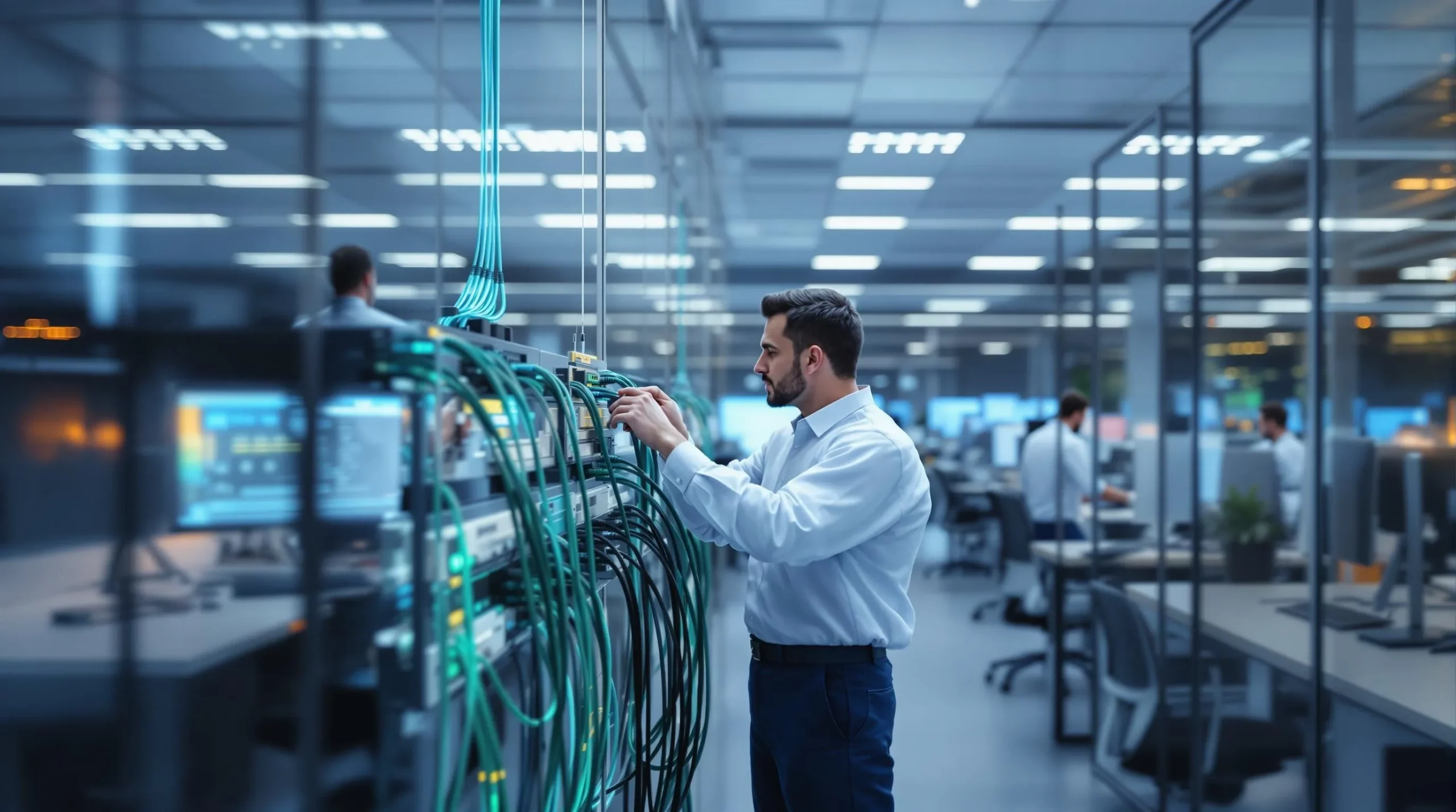 Melbourne IT technician carefully managing network cables for office IT relocation services