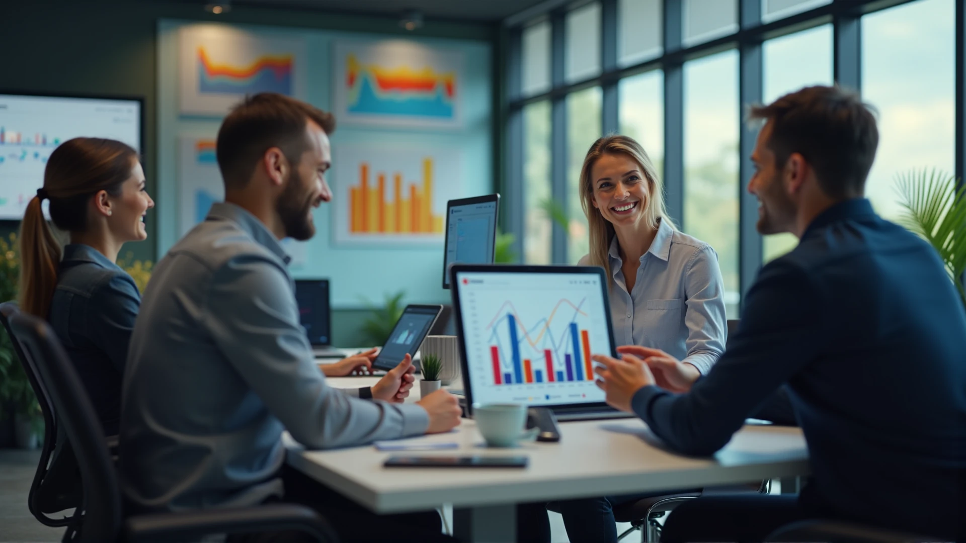Modern office setting with professionals using AI-powered tools and analytics dashboards, showcasing AI for SMBs to optimise operations