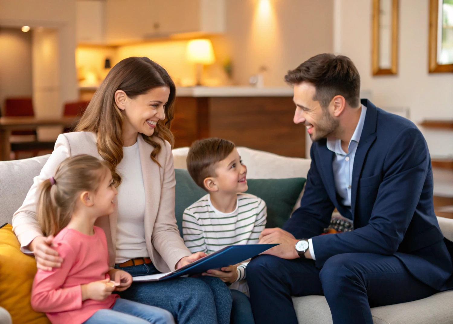 Real estate agent discussing Melbourne, Australia property options with a family in a home