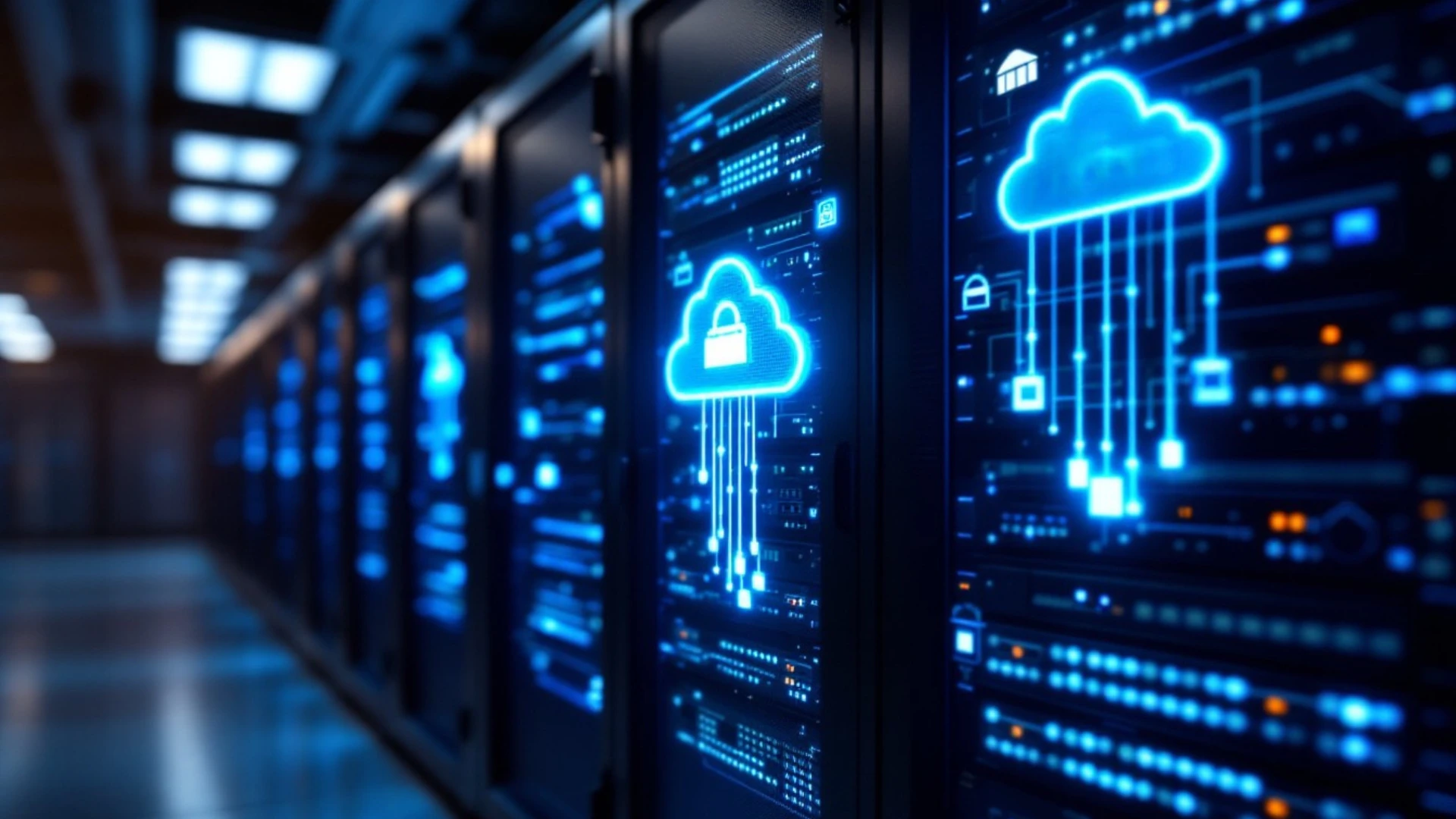 Secure data center with server racks displaying cloud backup and disaster recovery visualizations, ensuring business data protection in Australian facilities