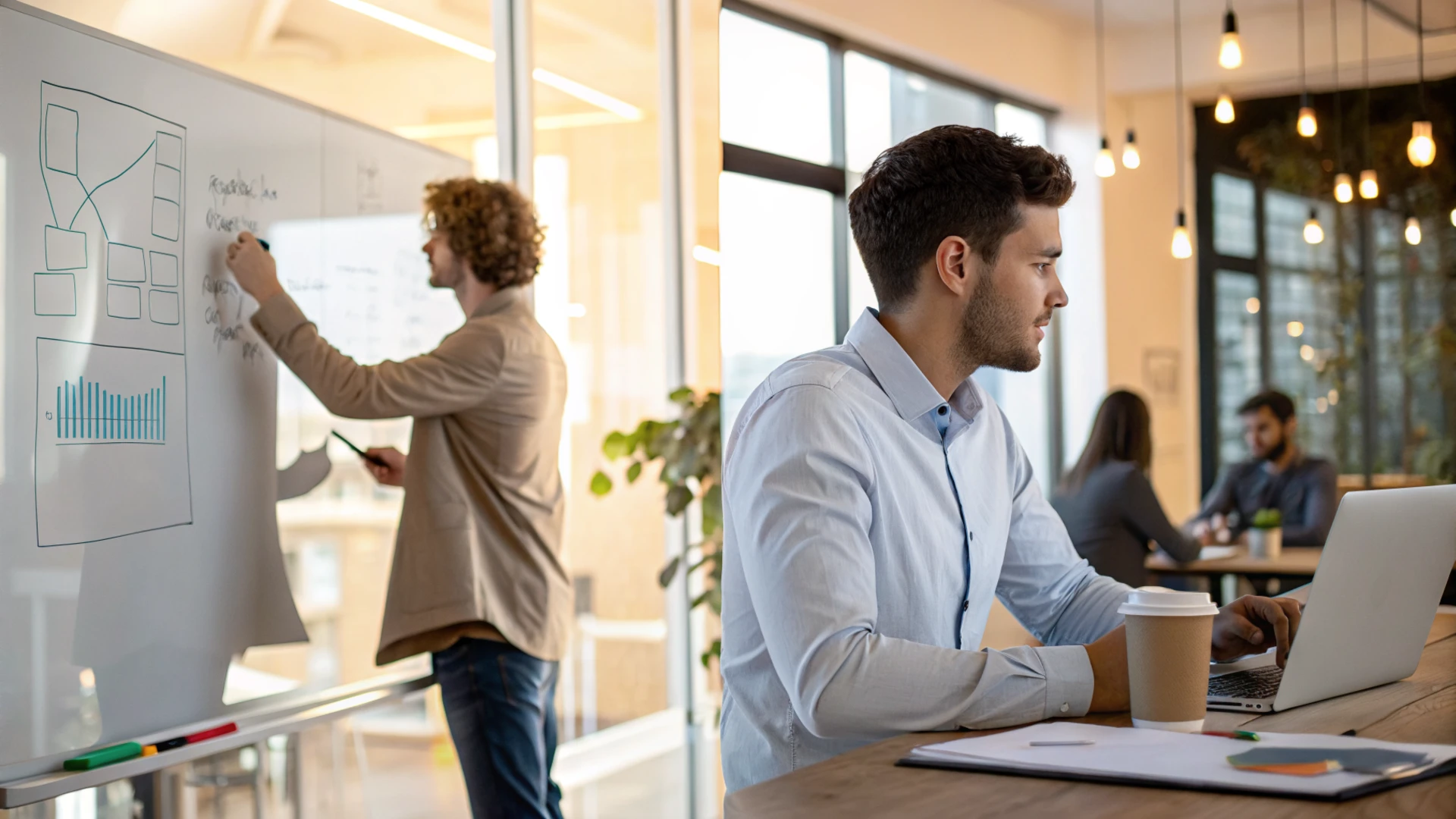 Two professionals collaborating on a project, showcasing AI for SMBs in a modern office setting