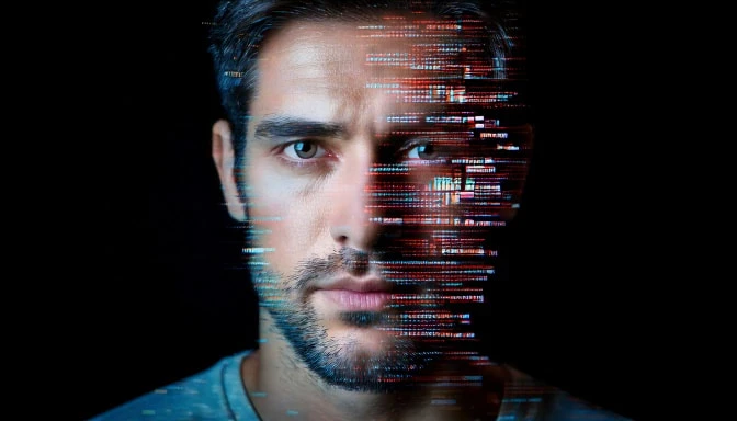 Close-up of a man's face dissolving into digital glitch effects on one side, symbolizing deepfake or AI manipulation