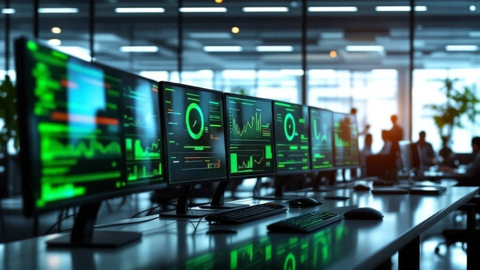 Control center monitors show green graphs indicating proactive managed IT support success in a modern office