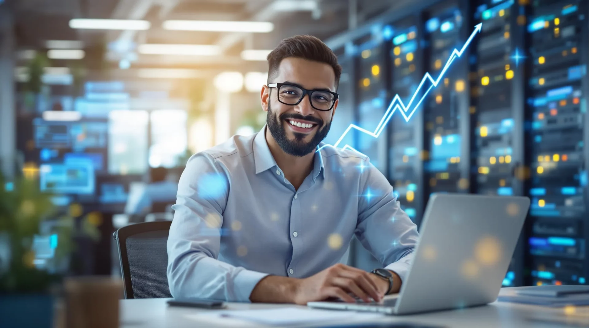 Smiling person works on laptop in server room; upward graph shows Benefits of Managed IT services