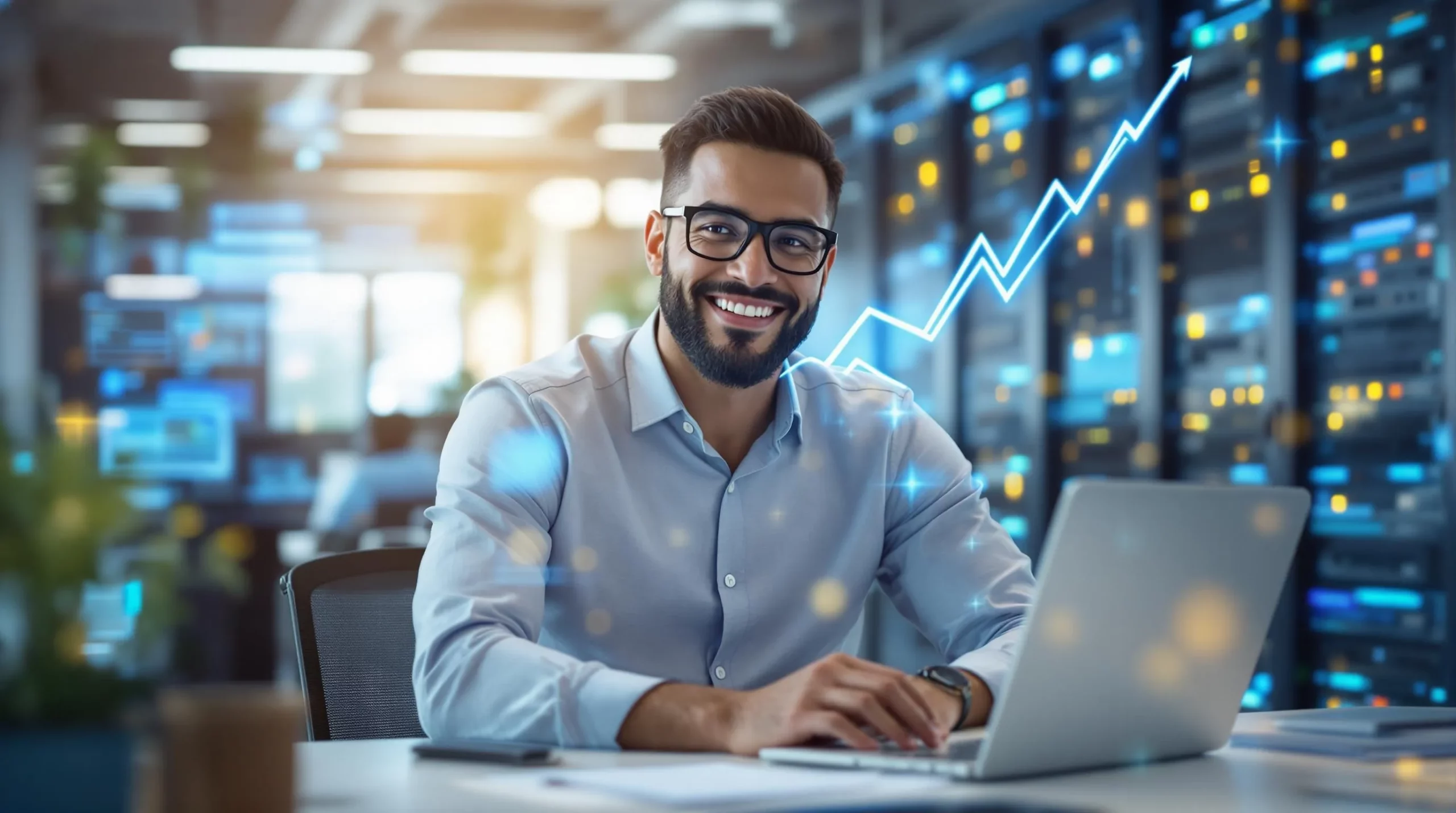 Smiling person works on laptop in server room; upward graph shows Benefits of Managed IT services