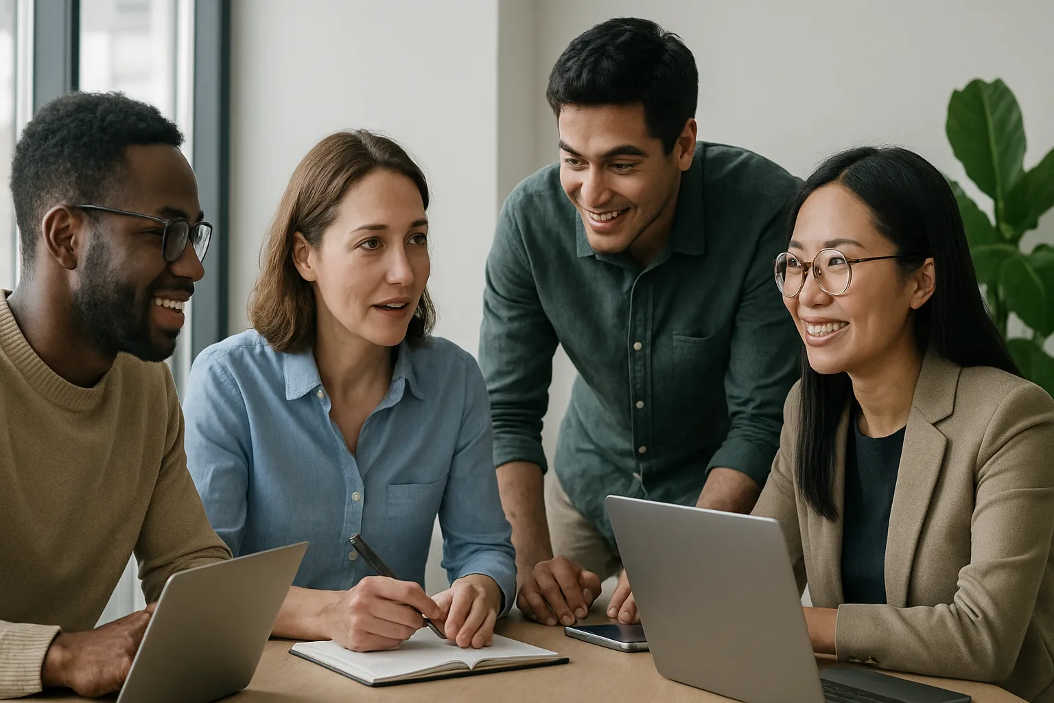 Diverse group of professionals collaborating at a table with laptops and notebooks in a modern, bright office setting