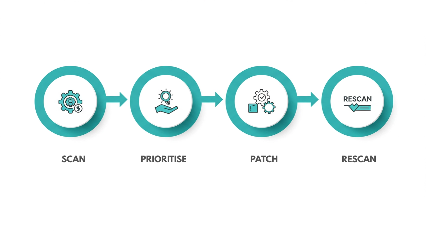 Four-step vulnerability management cycle Scan, Prioritise, Patch, Rescan, shown as teal circles with arrows in a loop.