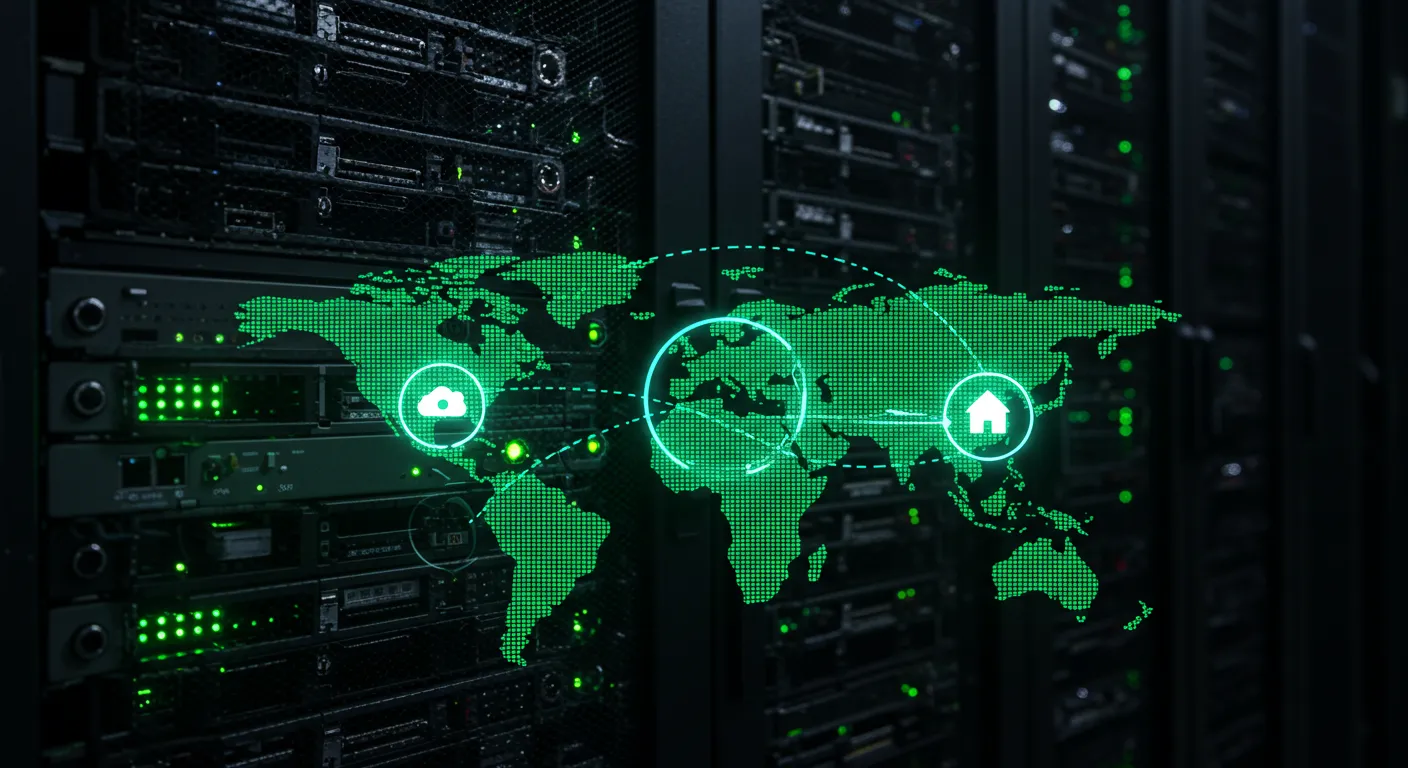 Global digital map overlay with green icons and data lines in front of server racks, representing cyber security connectivity.