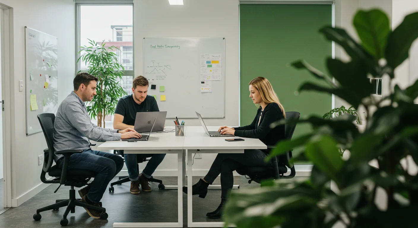 Team of professionals providing remote IT support on their laptops in a modern office setting