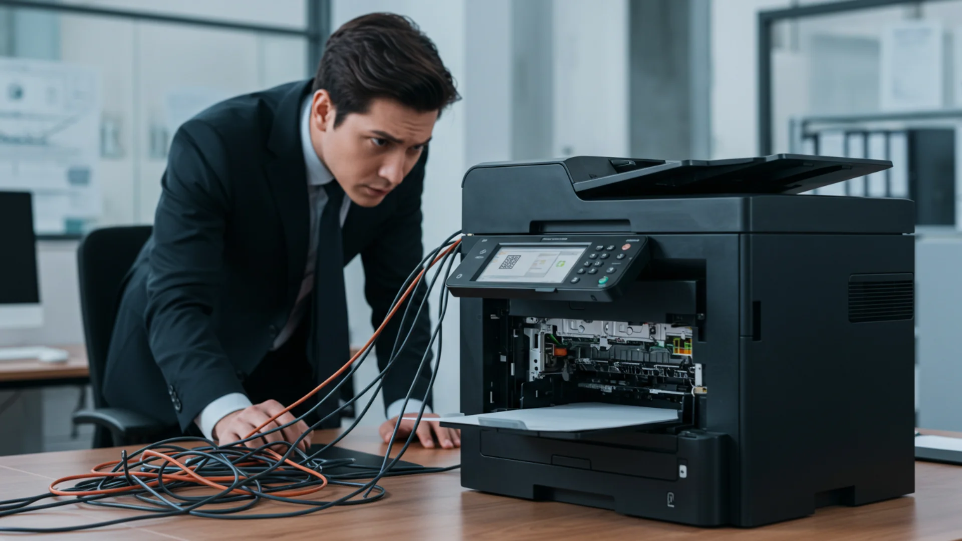 Frustrated businessman troubleshooting a printer not working, surrounded by tangled cables. Highlights common office IT issues
