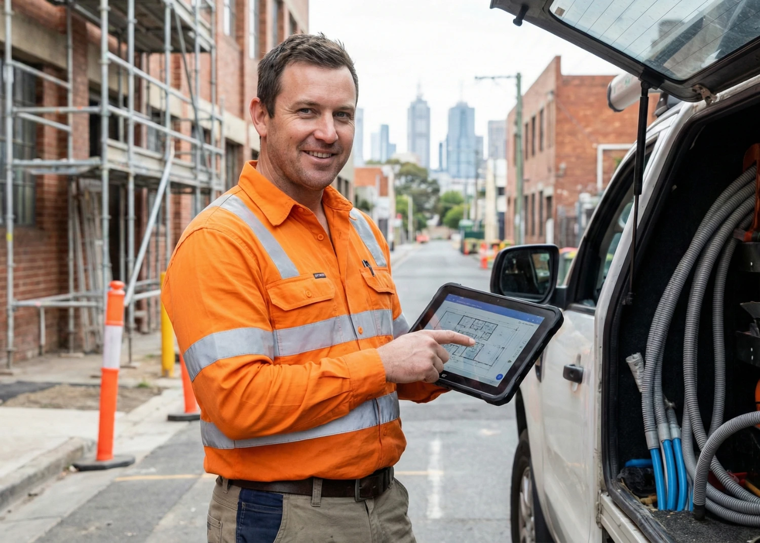 Australian trades person using tablet on job site in high-vis workwear