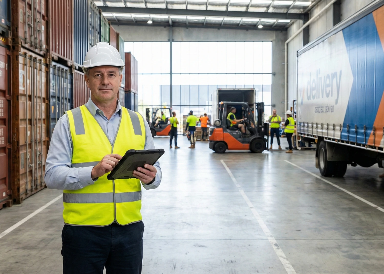Logistics manager with clipboard in Melbourne warehouse facility